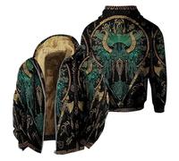 YOSUWOAI Wikinger Kostüm Herren Zip Hoodie Dicker Pullover Sweatjacke 3D-Druck Nordisches Fleece Kapuzenjacke Nordische Mythologie Winterjacke Viking Fleecejacke Kapuzenpullover