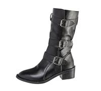 YOSUWOAI Winterstiefeletten Damen Stiefeletten Slouchy Kniehohe Stiefel Umklappbarer Runder Zehenbereich Breite Wade Langschaft Leder Reitstiefel Klobiger Niedriger Absatz Plateau Stiefel