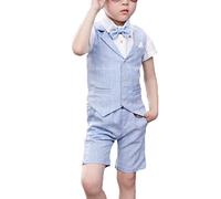 YOUCAI Anzug Kinder Jungen Einschulung Kleidung Set Gentleman Weste + Hemd + Shorts + Fliege 4Tlg Outfit Festliche Kleidung Set Hochzeit Anzüge Set,Blau1-4 STÜCKE,8-9