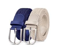 YOUCHAN 2er-Pack Gürtel für Damen und Herren Gürtel Elastische Flechtgürtel 3,3 cm Stretchgürtel mit Verstellbarer Dehnbarer Stoffgürtel Unisex Blue + Beige 110 cm