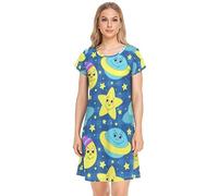YOUJUNER Damen Nachthemden Cartoon Mondstern Nachtwäsche Kurzarm Schlafshirt Sommer Sleepshirt Nachtkleid Schlafhemd
