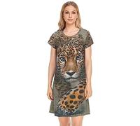 YOUJUNER Damen Nachthemden Leoparden-Print Nachtwäsche Kurzarm Schlafshirt Sommer Sleepshirt Nachtkleid Schlafhemd