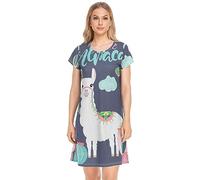 YOUJUNER Damen Nachthemden Niedlicher Alpaka-Lama-Druck Nachtwäsche Kurzarm Schlafshirt Sommer Sleepshirt Nachtkleid Schlafhemd