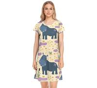YOUJUNER Damen Nachthemden Niedliches Tier-Flusspferd-Muster Nachtwäsche Kurzarm Schlafshirt Sommer Sleepshirt Nachtkleid Schlafhemd