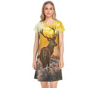 YOUJUNER Damen Nachthemden Sonnenuntergang Tier Hirsch Nachtwäsche Kurzarm Schlafshirt Sommer Sleepshirt Nachtkleid Schlafhemd