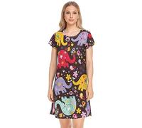 YOUJUNER Damen Nachthemden süßer Elefant bunt Nachtwäsche Kurzarm Schlafshirt Sommer Sleepshirt Nachtkleid Schlafhemd