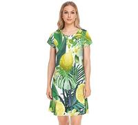YOUJUNER Damen Nachthemden Tropische Blätter gelbe Zitrone Nachtwäsche Kurzarm Schlafshirt Sommer Sleepshirt Nachtkleid Schlafhemd