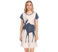 YOUJUNER Damen Nachthemden Vintager Elch-Wilder Rotwild Nachtwäsche Kurzarm Schlafshirt Sommer Sleepshirt Nachtkleid Schlafhemd