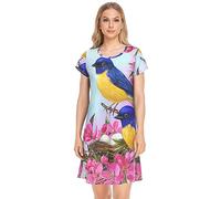 YOUJUNER Damen Nachthemden Vogel-Blume-Dekor Nachtwäsche Kurzarm Schlafshirt Sommer Sleepshirt Nachtkleid Schlafhemd