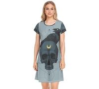 YOUJUNER Damen Nachthemden Zuckerschädel Rabe Nachtwäsche Kurzarm Schlafshirt Sommer Sleepshirt Nachtkleid Schlafhemd