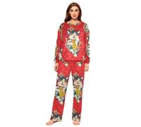 YOUJUNER Damen-Schlafanzug-Set, japanische Katze, Pyjama, Pyjama, Winter, warme Nachtwäsche, Loungewear-Set für Frauen und Mädchen, mehrfarbig, 46