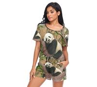 YOUJUNER Schlafanzug Damen Kurz 3D-Tierthema-Panda Pyjama Set Sommer Kurzarm Pyjamaset Nachtwäsche Zweiteiliger Hausanzug Sleepwear Loungewear