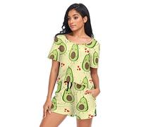 YOUJUNER Schlafanzug Damen Kurz Cartoon-Avocado-Liebe Pyjama Set Sommer Kurzarm Pyjamaset Nachtwäsche Zweiteiliger Hausanzug Sleepwear Loungewear