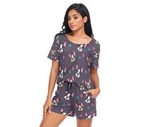 YOUJUNER Schlafanzug Damen Kurz Französische Bulldogge Pyjama Set Sommer Kurzarm Pyjamaset Nachtwäsche Zweiteiliger Hausanzug Sleepwear Loungewear