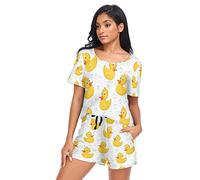 YOUJUNER Schlafanzug Damen Kurz Gelbe Enten Pyjama Set Sommer Kurzarm Pyjamaset Nachtwäsche Zweiteiliger Hausanzug Sleepwear Loungewear