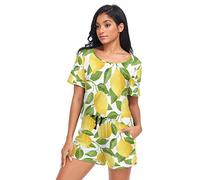 YOUJUNER Schlafanzug Damen Kurz Gelbe Zitrone Pyjama Set Sommer Kurzarm Pyjamaset Nachtwäsche Zweiteiliger Hausanzug Sleepwear Loungewear