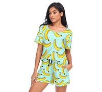 YOUJUNER Schlafanzug Damen Kurz Gelbes Bananen-Muster Pyjama Set Sommer Kurzarm Pyjamaset Nachtwäsche Zweiteiliger Hausanzug Sleepwear Loungewear