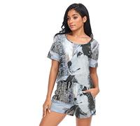 YOUJUNER Schlafanzug Damen Kurz Husky-Hundedekor Pyjama Set Sommer Kurzarm Pyjamaset Nachtwäsche Zweiteiliger Hausanzug Sleepwear Loungewear