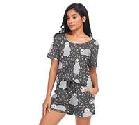 YOUJUNER Schlafanzug Damen Kurz Lustiges Faultier-Muster Pyjama Set Sommer Kurzarm Pyjamaset Nachtwäsche Zweiteiliger Hausanzug Sleepwear Loungewear