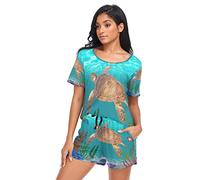 YOUJUNER Schlafanzug Damen Kurz Meeresschildkröte Pyjama Set Sommer Kurzarm Pyjamaset Nachtwäsche Zweiteiliger Hausanzug Sleepwear Loungewear