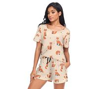 YOUJUNER Schlafanzug Damen Kurz Nettes Fuchs-Muster Pyjama Set Sommer Kurzarm Pyjamaset Nachtwäsche Zweiteiliger Hausanzug Sleepwear Loungewear