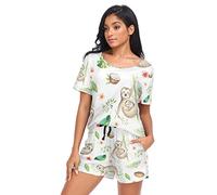 YOUJUNER Schlafanzug Damen Kurz Süße Faultier-Muster Pyjama Set Sommer Kurzarm Pyjamaset Nachtwäsche Zweiteiliger Hausanzug Sleepwear Loungewear