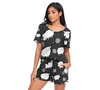 YOUJUNER Schlafanzug Damen Kurz süße Schaf-Muster Pyjama Set Sommer Kurzarm Pyjamaset Nachtwäsche Zweiteiliger Hausanzug Sleepwear Loungewear