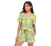 YOUJUNER Schlafanzug Damen Kurz süßer Gelbe Enten Pyjama Set Sommer Kurzarm Pyjamaset Nachtwäsche Zweiteiliger Hausanzug Sleepwear Loungewear
