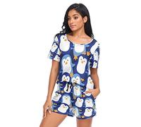 YOUJUNER Schlafanzug Damen Kurz süßer Pinguin Pyjama Set Sommer Kurzarm Pyjamaset Nachtwäsche Zweiteiliger Hausanzug Sleepwear Loungewear