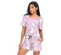 YOUJUNER Schlafanzug Damen Kurz süßes Kaninchen-Häschen-Hase Pyjama Set Sommer Kurzarm Pyjamaset Nachtwäsche Zweiteiliger Hausanzug Sleepwear Loungewear