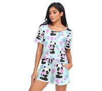 YOUJUNER Schlafanzug Damen Kurz süßes Panda-Muster Pyjama Set Sommer Kurzarm Pyjamaset Nachtwäsche Zweiteiliger Hausanzug Sleepwear Loungewear