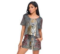 YOUJUNER Schlafanzug Damen Kurz Tier-Tiger-Druck Pyjama Set Sommer Kurzarm Pyjamaset Nachtwäsche Zweiteiliger Hausanzug Sleepwear Loungewear