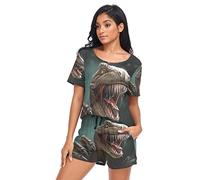 YOUJUNER Schlafanzug Damen Kurz Tierischer Dinosaurier-Druck Pyjama Set Sommer Kurzarm Pyjamaset Nachtwäsche Zweiteiliger Hausanzug Sleepwear Loungewear