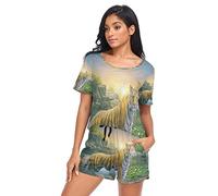 YOUJUNER Schlafanzug Damen Kurz Tierischer Tiger Pyjama Set Sommer Kurzarm Pyjamaset Nachtwäsche Zweiteiliger Hausanzug Sleepwear Loungewear