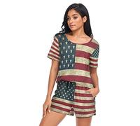 YOUJUNER Schlafanzug Damen Kurz Vintage USA-Flagge Pyjama Set Sommer Kurzarm Pyjamaset Nachtwäsche Zweiteiliger Hausanzug Sleepwear Loungewear