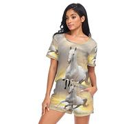 YOUJUNER Schlafanzug Damen Kurz Weißes Pferd Pyjama Set Sommer Kurzarm Pyjamaset Nachtwäsche Zweiteiliger Hausanzug Sleepwear Loungewear