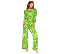 YOUJUNER Schlafanzug Damen Lang Grüne Shamrocks Glücksklee Pyjama Damen Langarm Pyjamaset Nachtwäsche Zweiteiliger Hausanzug Sleepwear