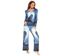 YOUJUNER Schlafanzug Damen Lang Nachtmond-Eule Pyjama Damen Langarm Pyjamaset Nachtwäsche Zweiteiliger Hausanzug Sleepwear