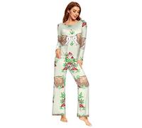 YOUJUNER Schlafanzug Damen Lang Nette Igel-Pilze Pyjama Damen Langarm Pyjamaset Nachtwäsche Zweiteiliger Hausanzug Sleepwear