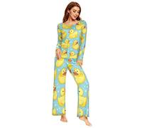 YOUJUNER Schlafanzug Damen Lang süßer Gelbe Enten Pyjama Damen Langarm Pyjamaset Nachtwäsche Zweiteiliger Hausanzug Sleepwear