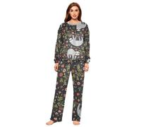 YOUJUNER Schlafanzug Damen Süße Faultier-Blume Lang Fleece Pyjama Damen Langarm Pyjamaset Winter Nachtwäsche Zweiteiliger Hausanzug Sleepwear