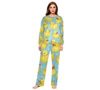 YOUJUNER Schlafanzug Damen süßer Gelbe Enten Lang Fleece Pyjama Damen Langarm Pyjamaset Winter Nachtwäsche Zweiteiliger Hausanzug Sleepwear