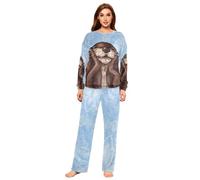 YOUJUNER Schlafanzug Damen Süßer Otter Lang Fleece Pyjama Damen Langarm Pyjamaset Winter Nachtwäsche Zweiteiliger Hausanzug Sleepwear