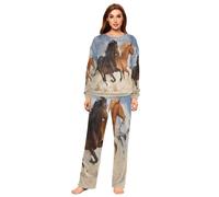 YOUJUNER Schlafanzug Damen Tier Pferd Lang Fleece Pyjama Damen Langarm Pyjamaset Winter Nachtwäsche Zweiteiliger Hausanzug Sleepwear
