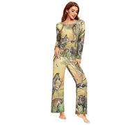 YOUJUNER Schlafanzug-Set für Damen, afrikanisches Tier, Leoparden, Elefant, Zebra, Giraffe, Löwe, langärmelig, Nachtwäsche, Loungewear-Set, Pyjama-Set, mehrfarbig, 48
