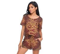 YOUJUNER Schlafanzug-Sets für Damen, chinesisches Tier-Drachen, kurzärmelig, Nachtwäsche, Sommer-Loungewear-Set, Pyjama-Set, mehrfarbig, 42