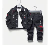 YOUNG BOY Lässiges Vintage Streetwear kariertes Applikationsdetail abgenutzte elastische bequeme Jeans & Jeansjacke Set Herbst