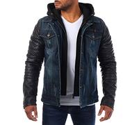 Young & Rich Herren 2in1 Jeans Jacke gefüttert Kontrast blau schwarz mit Kunstleder Ärmeln Kapuze Vintage Used Destroyed Double Layer Look, Grösse:M