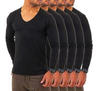 Young & Rich Herren Langarm Shirt mit tiefem V-Ausschnitt deep v-Neck Longsleeve Slim fit Stretch 2239, Grösse:L, Farbe:Schwarz (5er Pack)