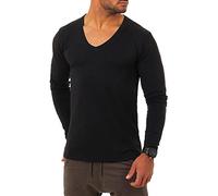 Young & Rich Herren Langarm Shirt mit tiefem V-Ausschnitt deep v-Neck Longsleeve Slim fit Stretch 2239, Grösse:L, Farbe:Schwarz
